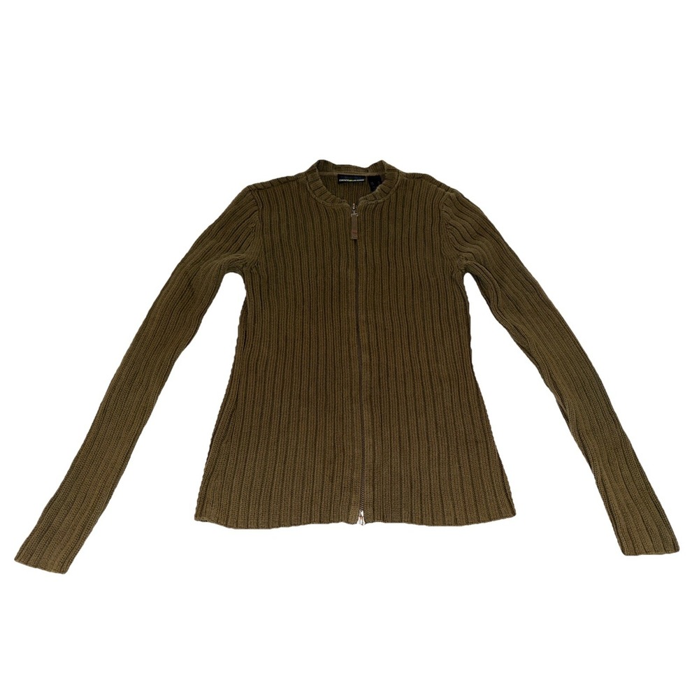 DKNY Jeans Sz M Cotton Rib Knit Cardigan Sweater Zipper Front‎ Dark Army Olive